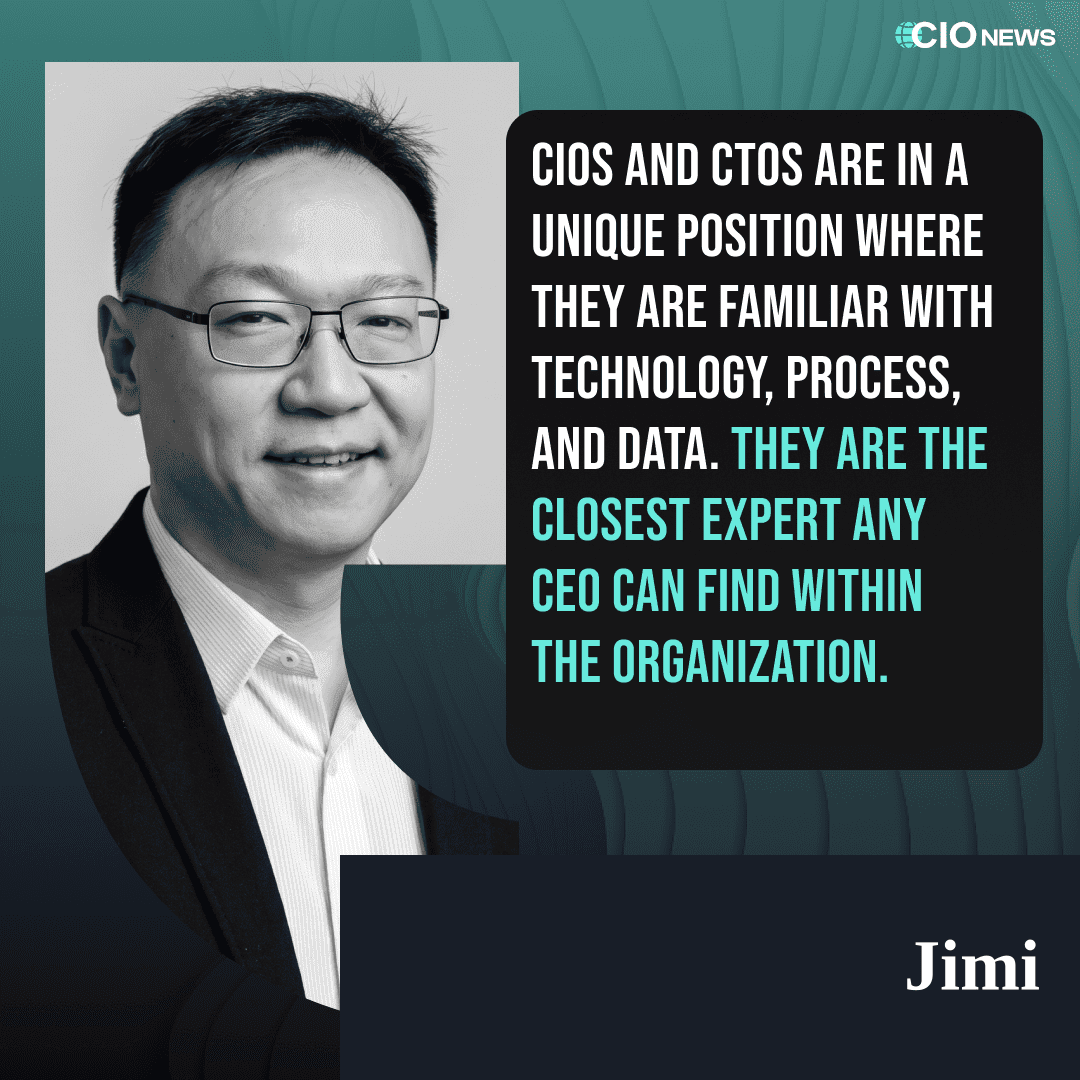 CIO News interview card featuring Jimi Li, CTO & CIO at ALM, with the pull quote: 'CIOs and CTOs are in a unique position where they are familiar with technology, process, and data. They are the closest expert any CEO can find within the organization.'