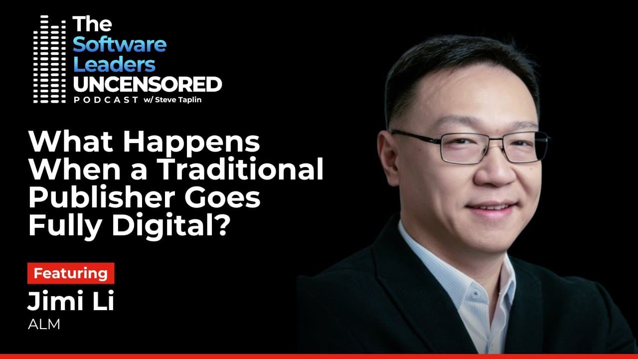 Editorial card for the Software Leaders UNCENSORED podcast with Jimi Li on the career arc from engineer to CTO across finance, retail, media, and legal tech.
