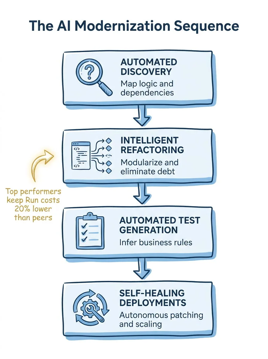 The AI modernization sequence: 1 automated discovery, 2 intelligent refactoring, 3 automated test generation, 4 self-healing deployments.