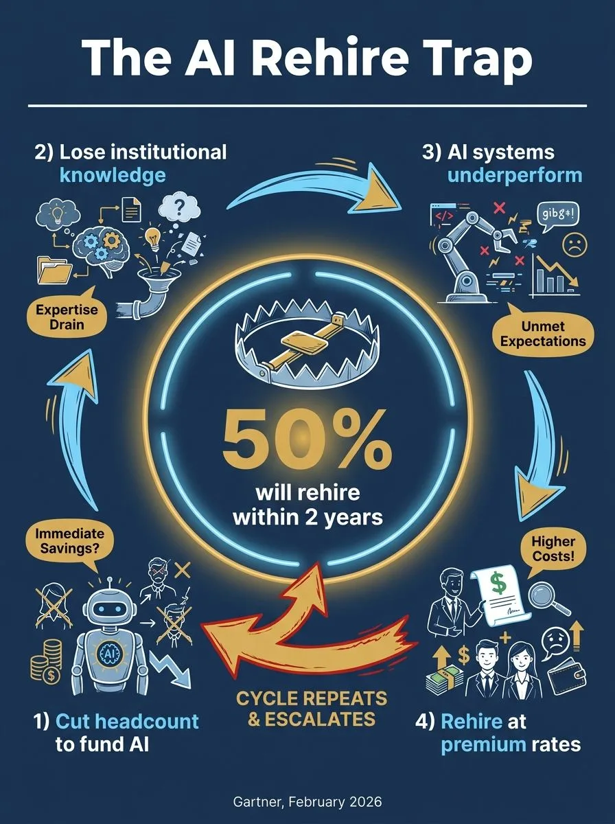 The AI rehire trap: 1 cut headcount to fund AI, 2 lose institutional knowledge, 3 AI systems underperform, 4 rehire at premium rates - the cycle repeats. 50% rehire within two years.