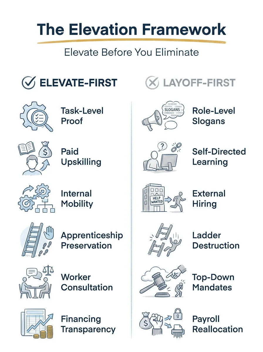 Elevate-first vs layoff-first: task-level proof vs role-level slogans, paid upskilling vs self-directed learning, internal mobility vs external hiring, apprenticeship preservation vs ladder destruction, worker consultation vs top-down mandates, financing transparency vs payroll reallocation.